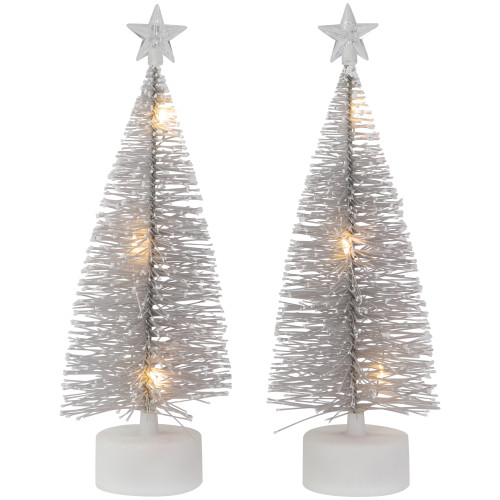 LED Lighted Mini Bottle Brush with Star Topper Christmas Village Trees - Set of 2