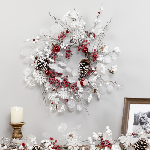 Berries and Snowflakes Artificial Christmas Wreath - 24" - Red and White - Unlit