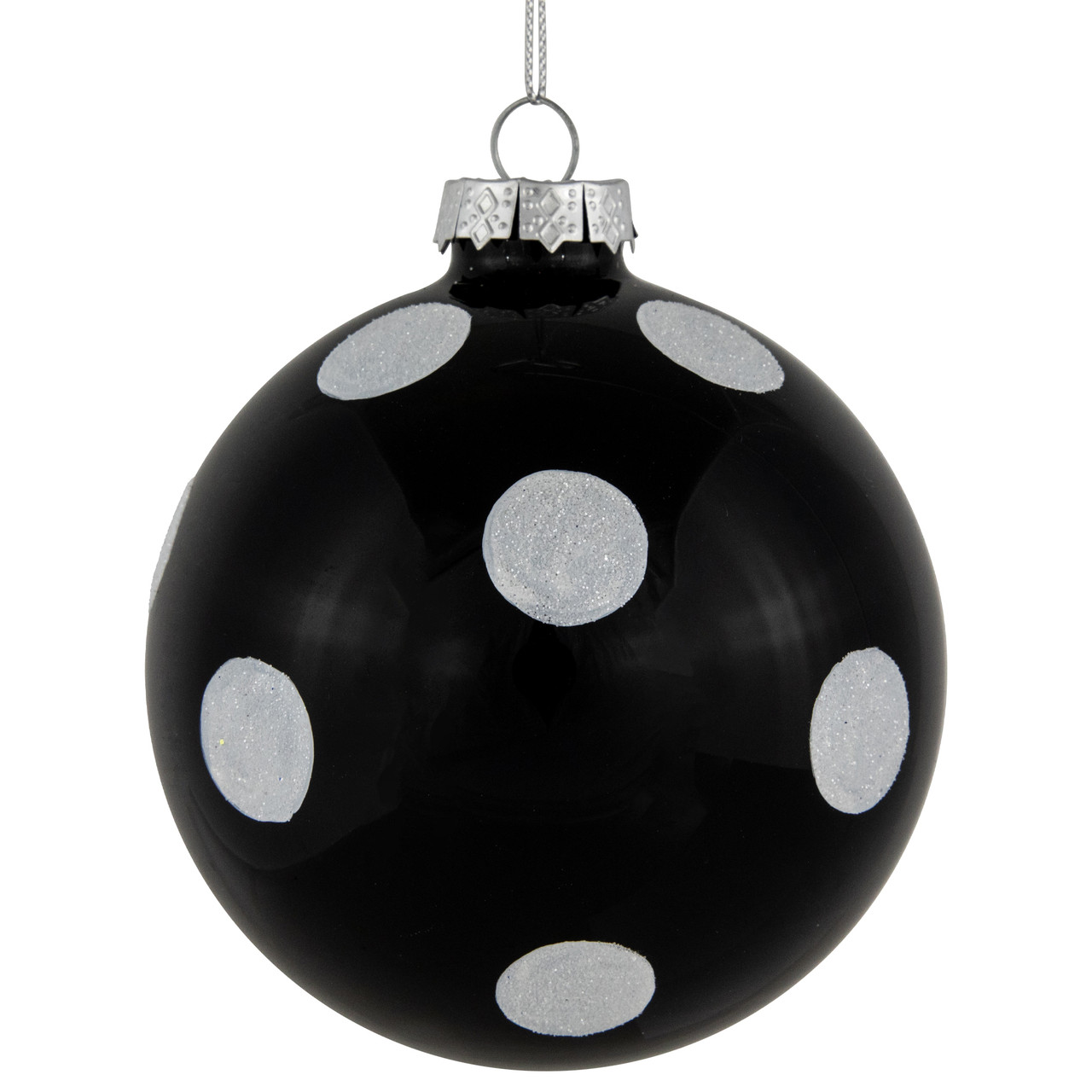 Set of 2 Black and White Glittered Polka Dot Glass Christmas Ball Ornaments 4"