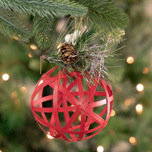 5" Red Rattan Style Metal Christmas Ball Ornament