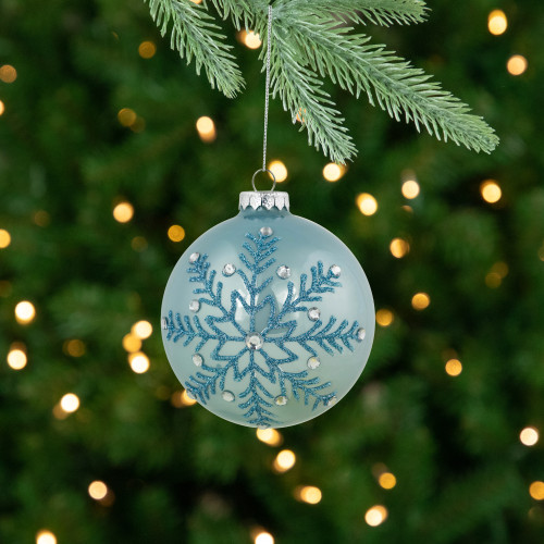 Set of 2 Light Blue Glittered and Jeweled Snowflake Glass Christmas Ball Ornaments 4"
