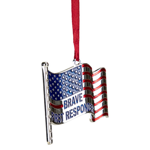 6.25" Silver Plated US First Responders Christmas Ornament with European Crystals