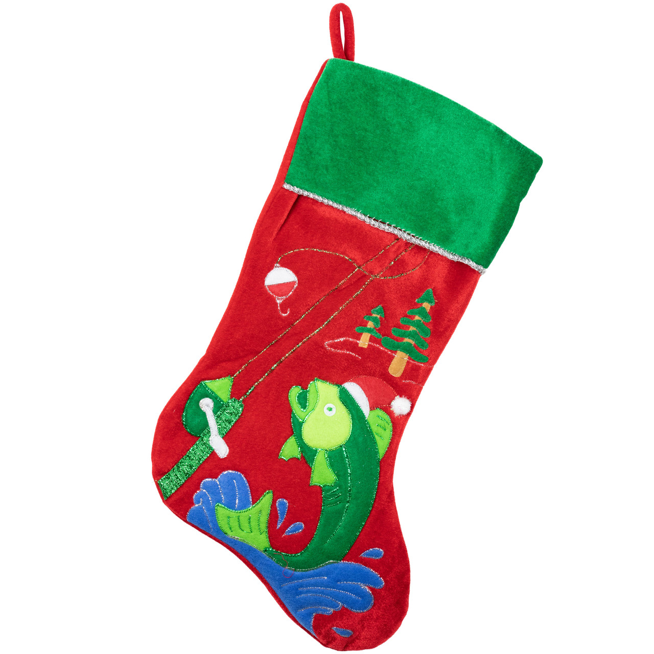 19.5" Red Velveteen Fishing Themed Christmas Stocking with Green Cuff