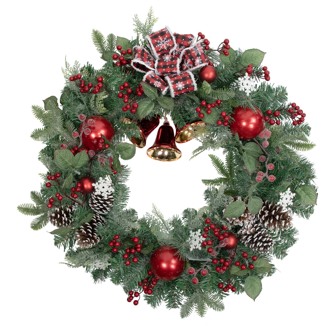 Red Bells and Mixed Foliage Artificial Christmas Wreath, 30-Inch, Unlit