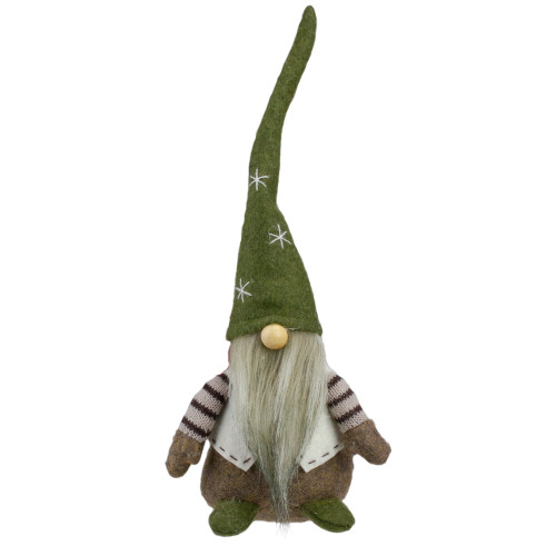 Sitting Gnome with Pointy Snowflake Hat Christmas Figure - 12" - Green and Brown