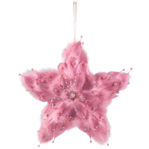 Feather Star Glittered Christmas Ornament with Hearts -12" - Pink