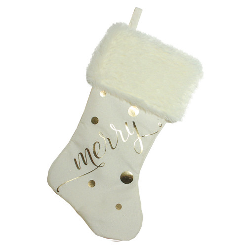 19" Ivory White Gold Foil "Merry" Christmas Stocking with White Faux Fur Cuff