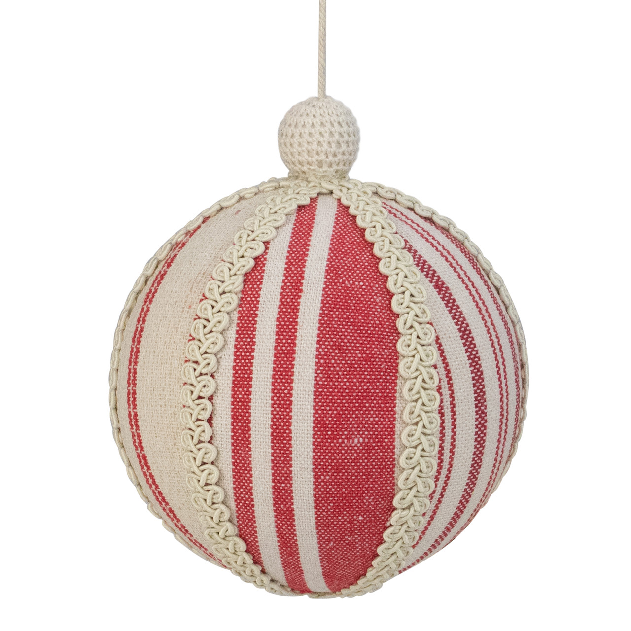 6" White and Red Striped Ball Christmas Ornament with Rope Accent