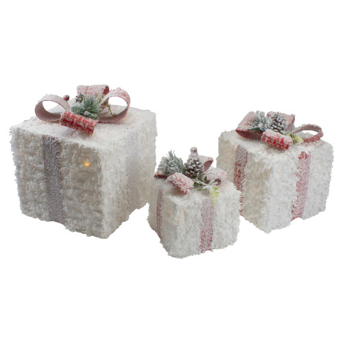 LED Flocked Rattan Christmas Gift Boxes with Pinecones - 10" - Set of 3