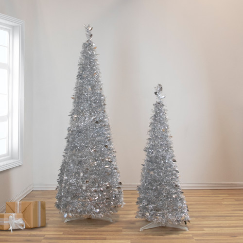 4' Silver Tinsel Pop-Up Artificial Christmas Tree, Unlit