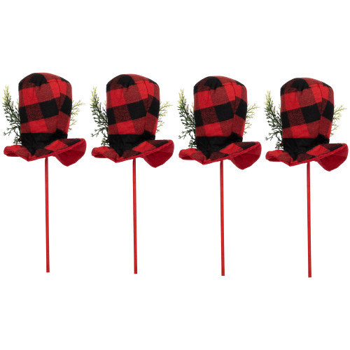Set of 4 Red and Black Plaid Plush Winter Hat Christmas Picks 15"