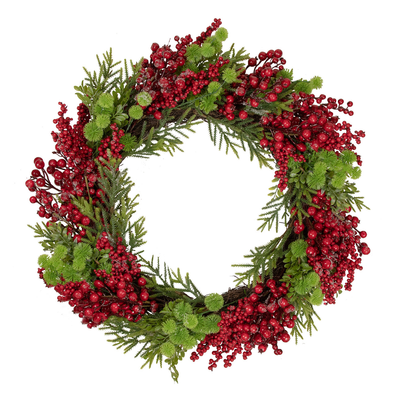 Red Berry and Frosted Pine Christmas Wreath, 28-Inch, Unlit