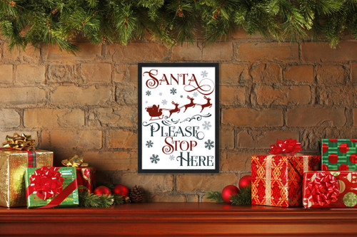 SANTA Please Stop Here 14.5" x 19.5" Framed Christmas Wall Decor Art Print Sign Poster in a Black Wooden Frame with UV Acrylic and Hangers