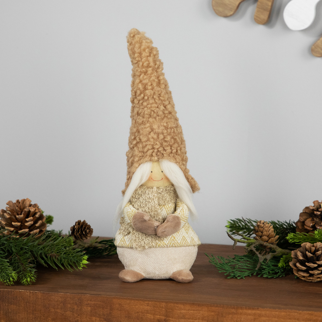 Standing Gnome Girl with Plush Hat Christmas Figurine - 11.5"