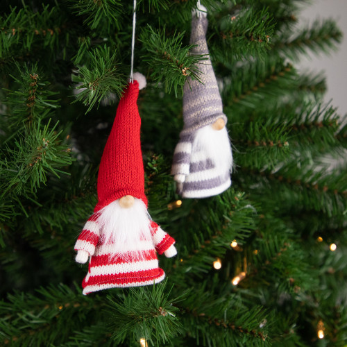 Set of 2 Red and Gray Striped Gnome Plush Christmas Ornaments 6.25"