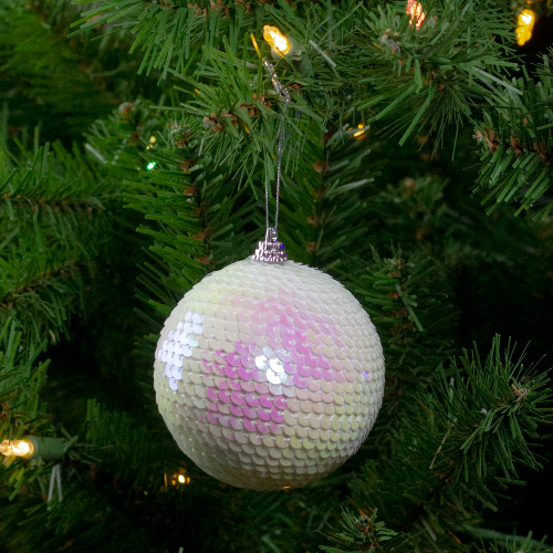 3" White Iridescent Sequin Shatterproof Ball Christmas Ornament