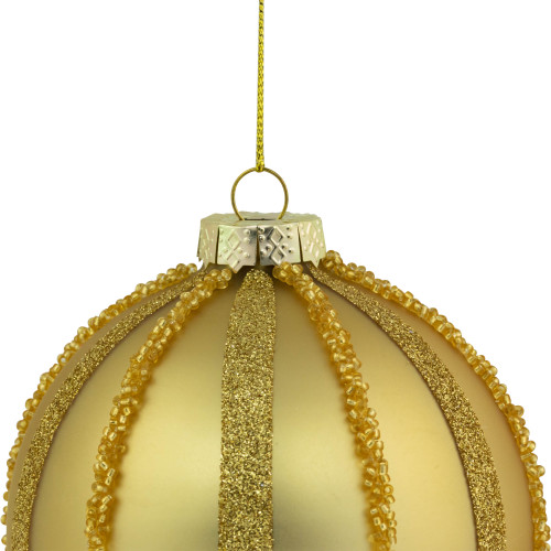 Set of 2 Gold Striped Glittered Glass Christmas Ball Ornaments 4"