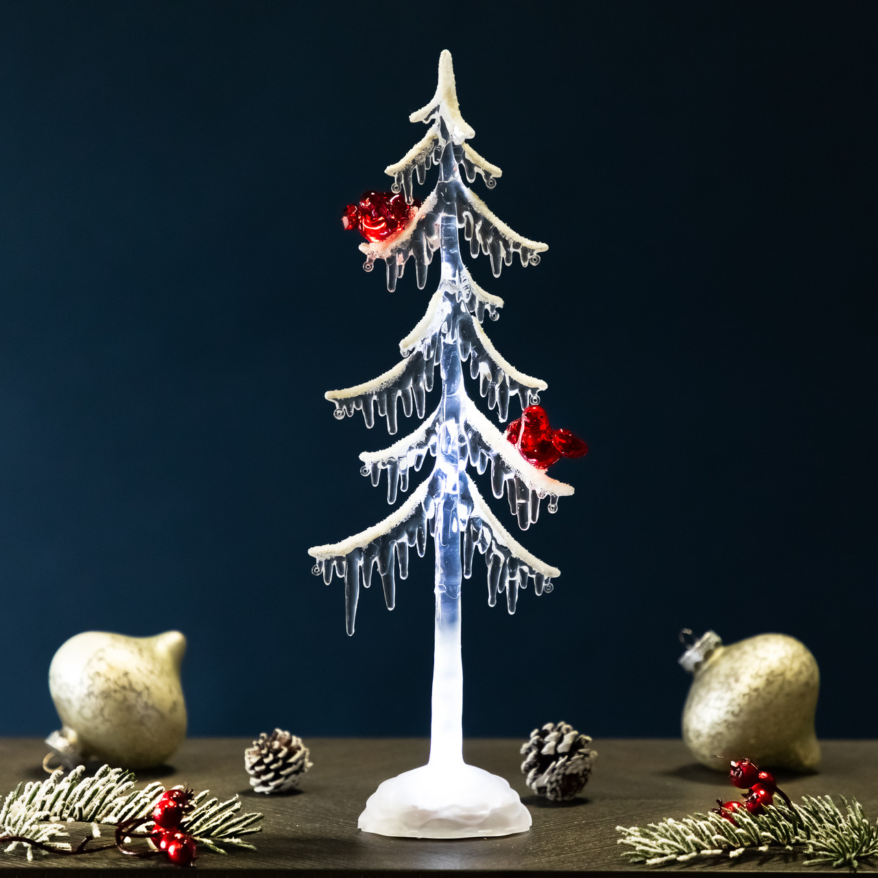 LED Lighted Acrylic Icicle Tree with Cardinals Christmas Decoration - 14"