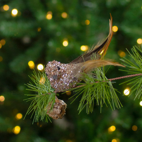 Left-Facing Sequin Bird Clip-on Christmas Ornament - 5.5" - Champagne Gold