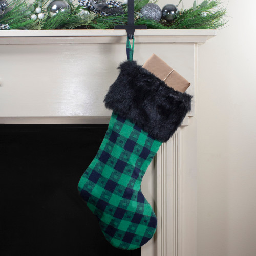 20" Green and Black Plaid Christmas Stocking
