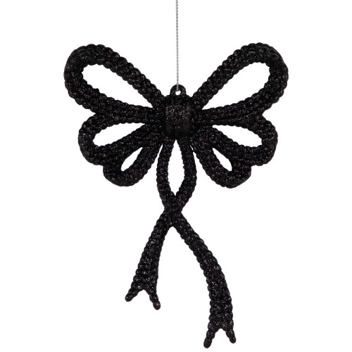 Set of 4 Black Glitter Bowtie Christmas Ornaments 6"
