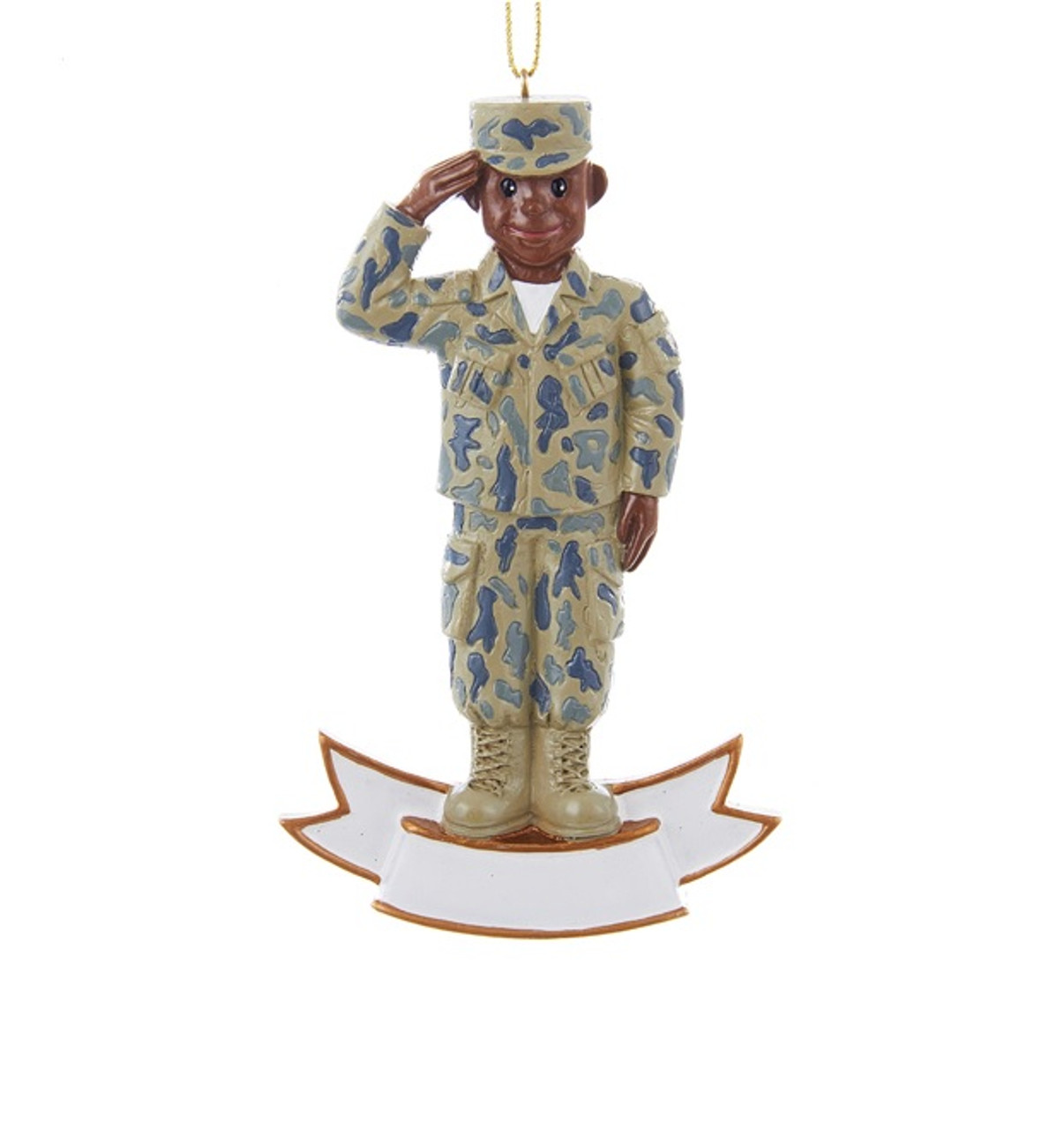 4.25" Blue and Brown Army Uniformed Soldier Saluting Christmas Ornament