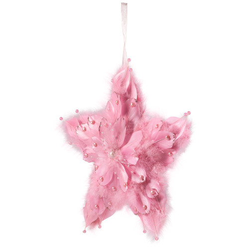 Feather Star Glittered Christmas Ornament with Hearts -12" - Pink