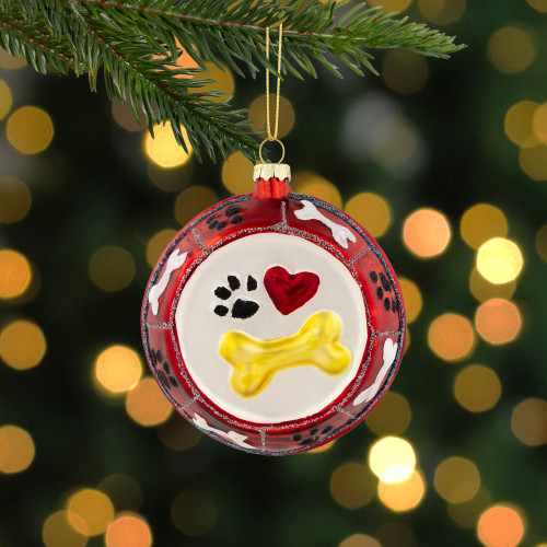 3.75" Bones and Heart Dog Food Bowl Glass Christmas Ornament