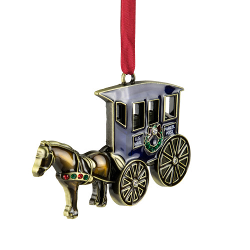 3.25" U.S. Mail Parcel Horse and Buggy Christmas Ornament with European Crystals