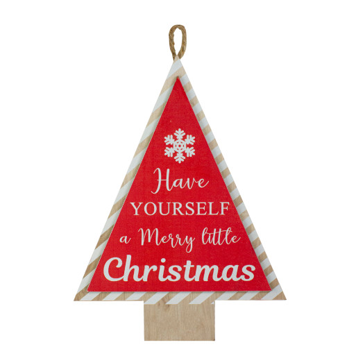 16�� Red and White Merry Little Christmas Tree Wooden Hanging Wall Sign