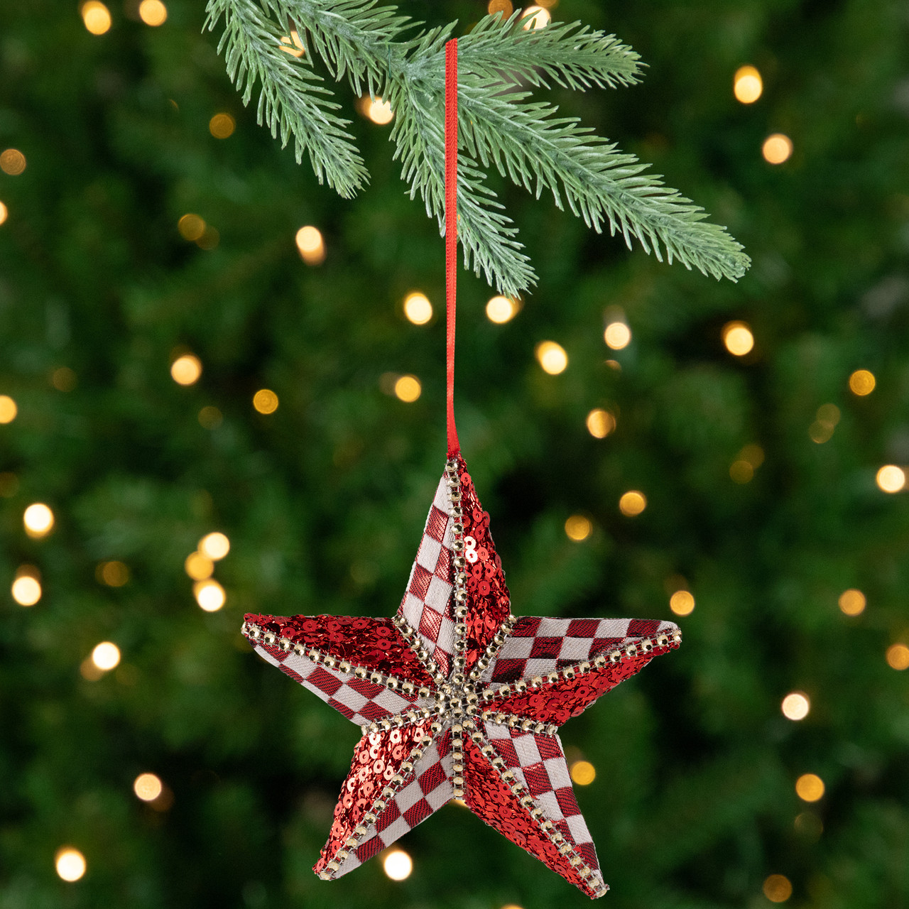 Sequined and Checkered Star Christmas Ornament -  6" - Red