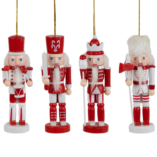 Nutcracker Soldiers Wooden Christmas Ornaments - 5" - Red and White - Set of 4