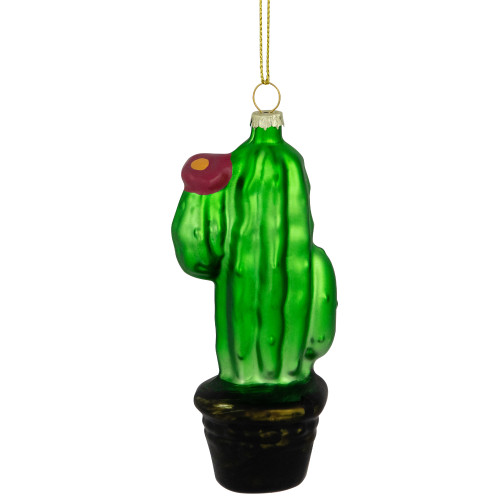 5" Green Cactus with Pink Flower Glass Christmas Ornament