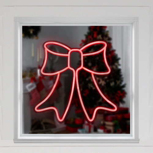 15" Red LED Lighted Neon Style Bow Christmas Window Silhouette
