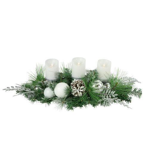 30" Green Pine and Needle Triple Candle Holder with Pinecones and Christmas Ornaments