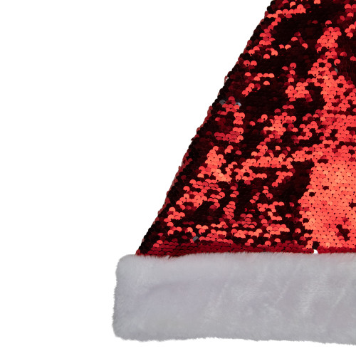 15" Red and Silver Reversible Sequined Christmas Santa Hat with Faux Fur Cuff