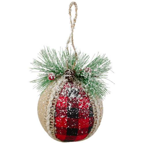 Set of 4 Red and Black Plaid with Burlap Christmas Ball Ornaments 6" (152mm)