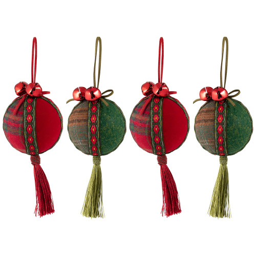 Jingle Bells and Tassels Christmas Ball Ornaments - 2.75" - Set of 4 - Green and Red