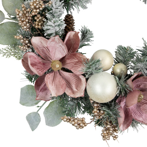 Pink Floral and Ball Ornament Frosted Pine Artificial Christmas Wreath, 24-Inch, Unlit