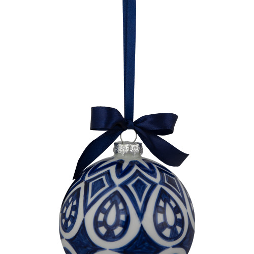 4" White and Blue Mosaic Glass Christmas Ball Ornament
