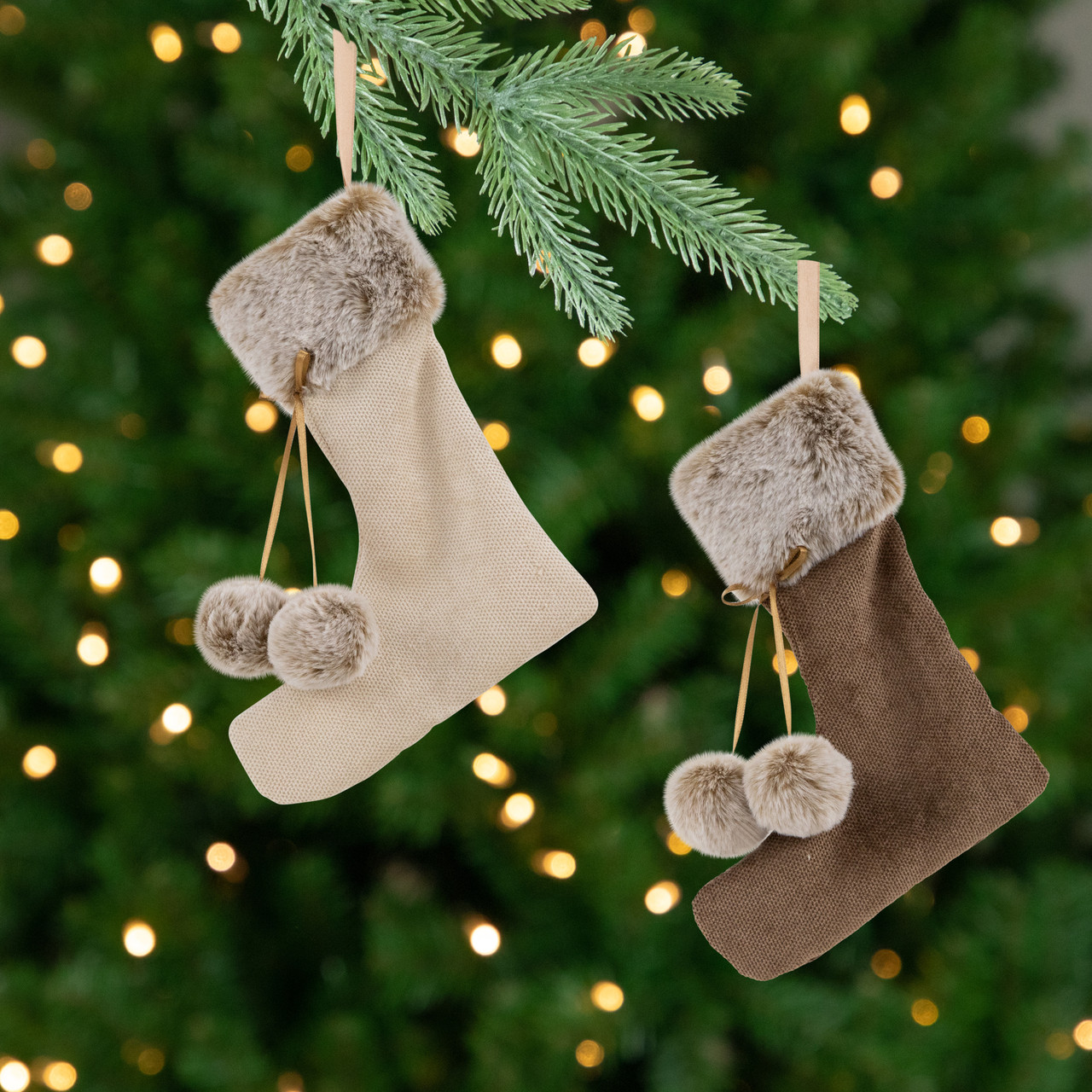Plush Stockings Christmas Ornaments -  7.5" - Beige and Brown - Set of 2