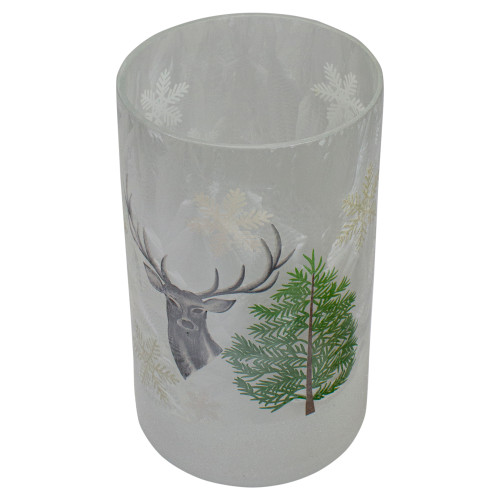 10" Deer, Pine and Snowflakes Hand Painted Flameless Glass Christmas Candle Holder