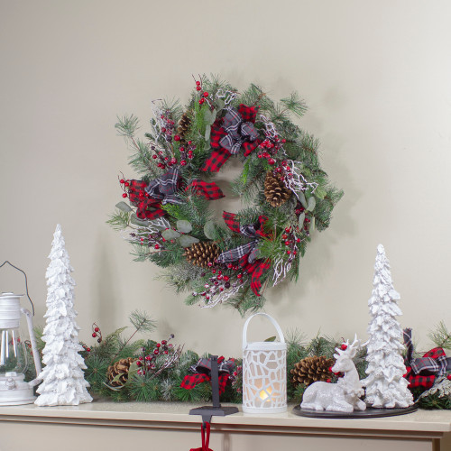 Dual Plaid and Berries Artificial Christmas Wreath - 24" - Unlit
