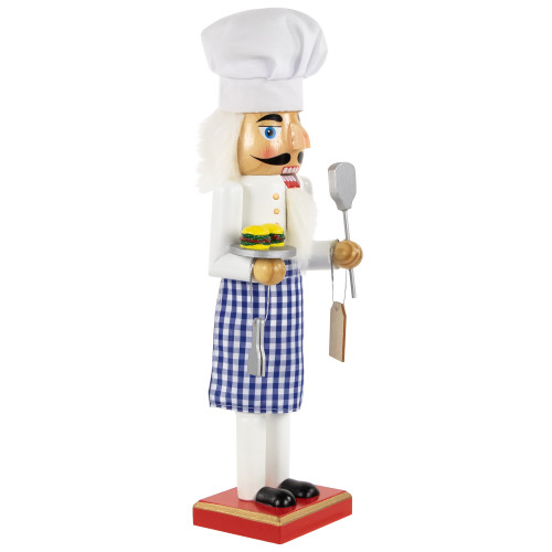 14" White and Blue Chef with Gingham Apron Wooden Christmas Nutcracker