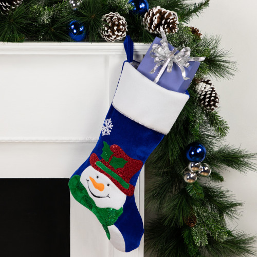 20" Royal Blue Embroidered Velveteen Snowman Christmas Stocking with White Cuff