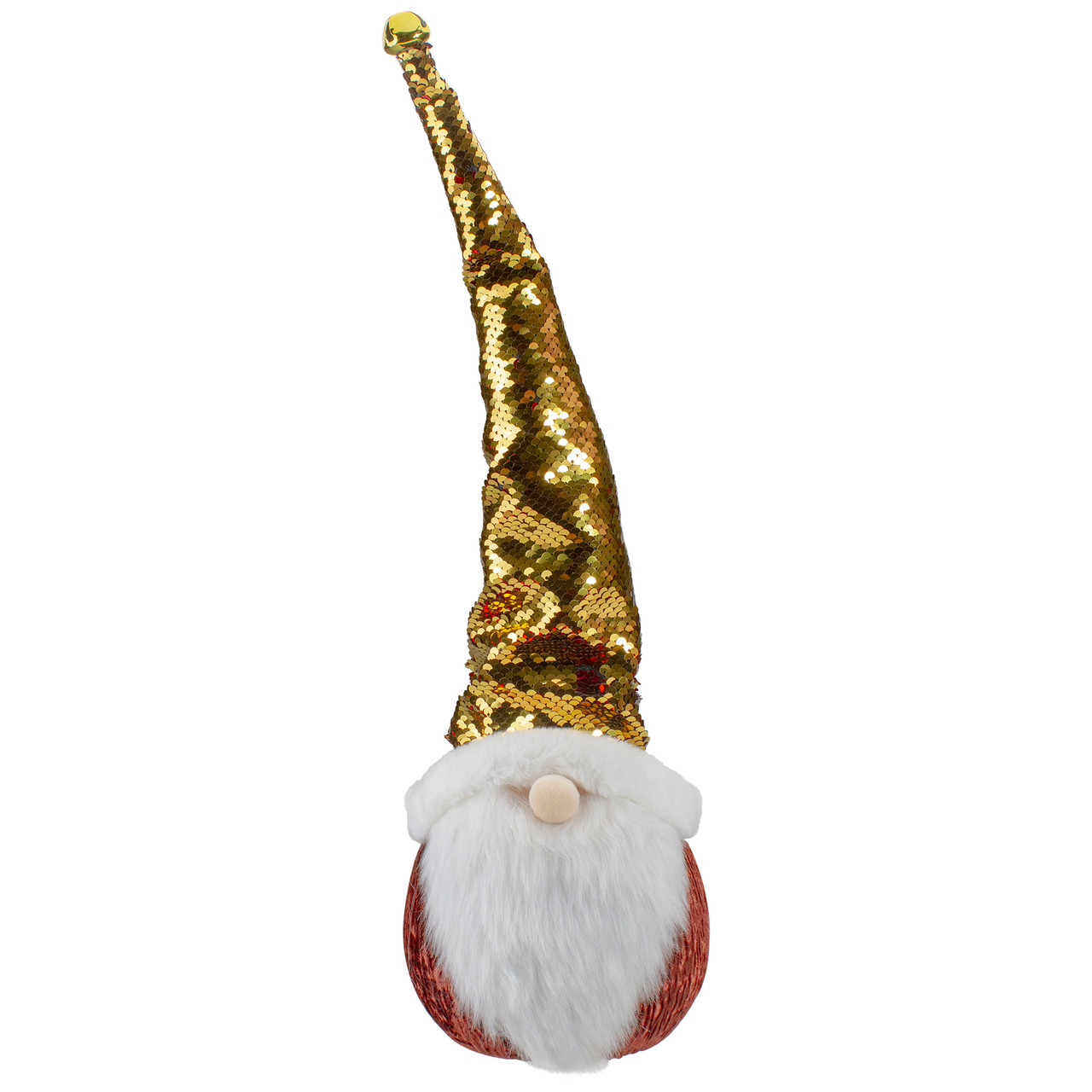 Santa Gnome Head with Sequined Jingle Bell Hat Christmas Decoration - 20" - Gold and Red