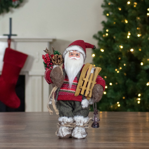 12" Standing Santa With a Sled and Lantern Christmas Figure