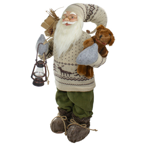 2' Standing Santa Christmas Figure with a Plush Bear and Lantern