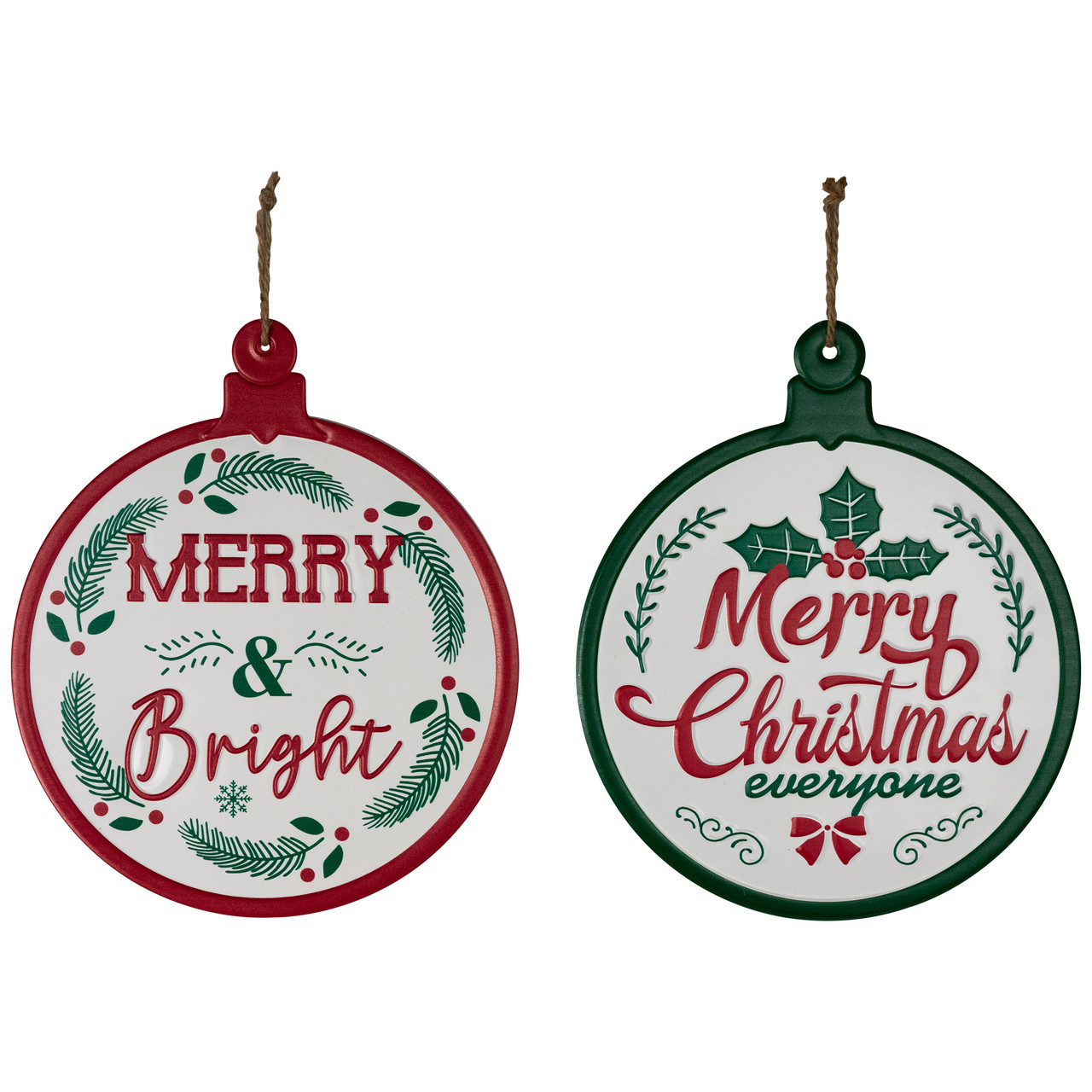 Merry and Bright Ornament Style Metal Christmas Wall Signs - 14" - Red and Green - Set of 2