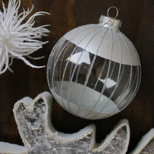 4" Clear and Silver Glitter Striped Glass Christmas Ball Ornament